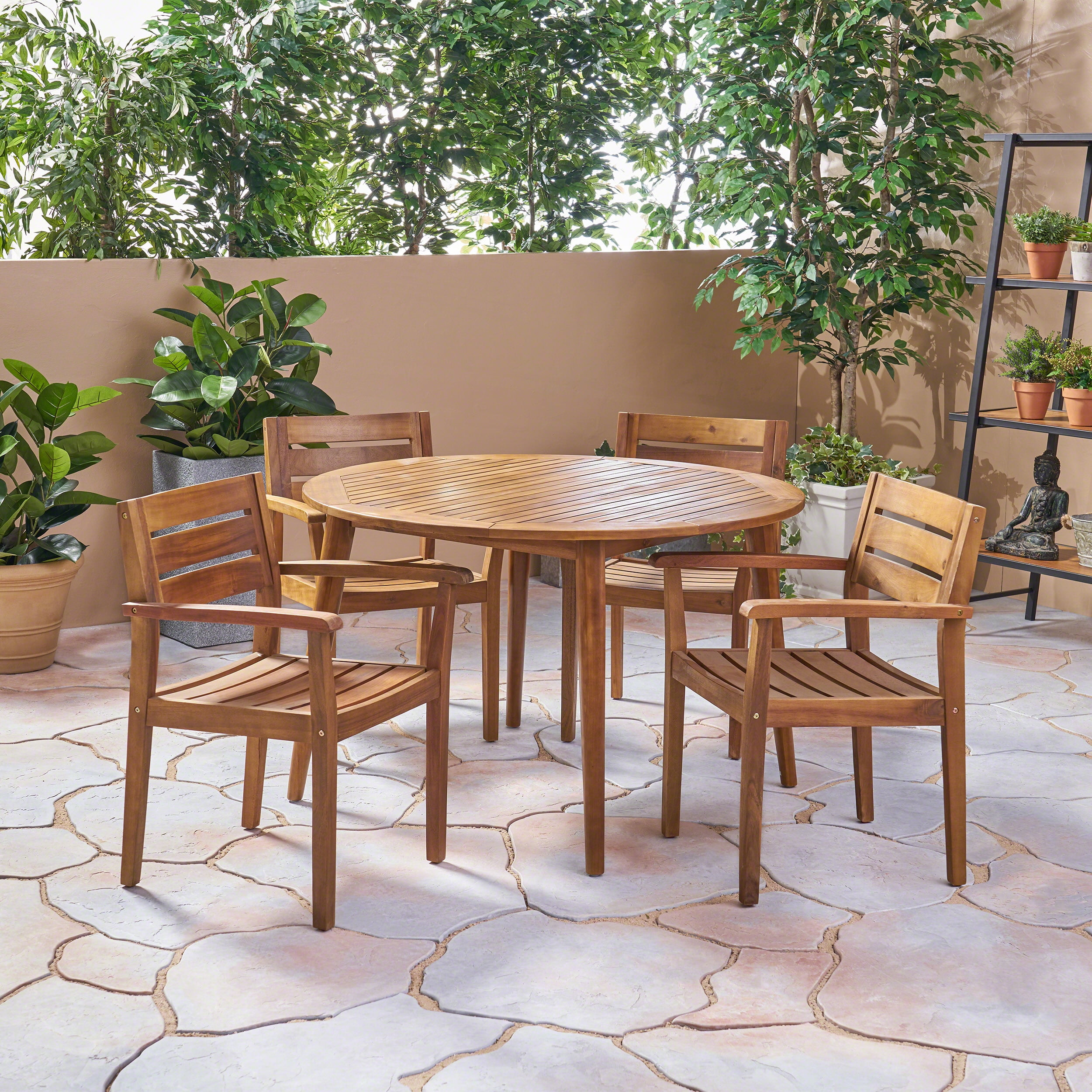 Jaxson Outdoor 5 Piece Acacia Wood Round Dining Set, Teak