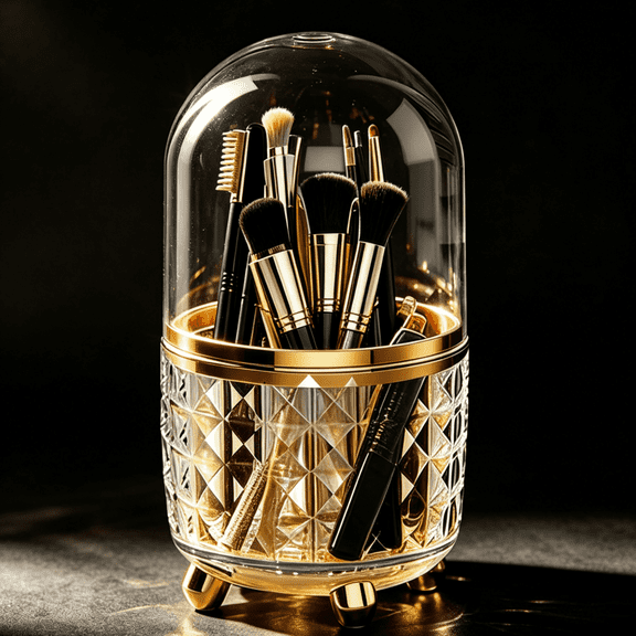 360° Rotating Makeup Brush Organizer with Dome Dustproof Lid, Diamond Embossed Clear Cosmetic Storage for Brushes Lipsticks Eyebrow Pencils, Gold Footed Vanity Countertop Holder