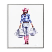 Stupell Industries Cowgirl & Shopping Bags People Painting Gray Framed Art Print Wall Art, 11 x 14