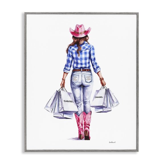 Stupell Industries Cowgirl & Shopping Bags People Painting Gray Framed Art Print Wall Art, 11 x 14