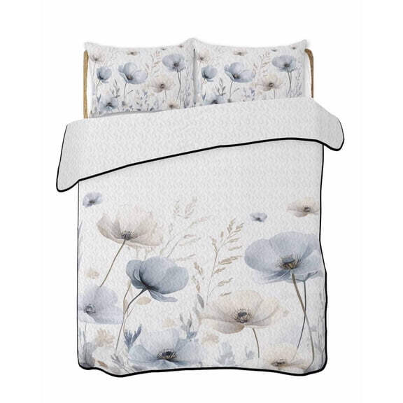 Blue Beige Spring Floral Summer Quilt Set King Size,Soft Microfiber Quilted Bedding Set with 2 Pillow Shams,Summer Botanical Watercolor Lightweight All Season Bedspread Coverlet for Bedroom 96"x106"
