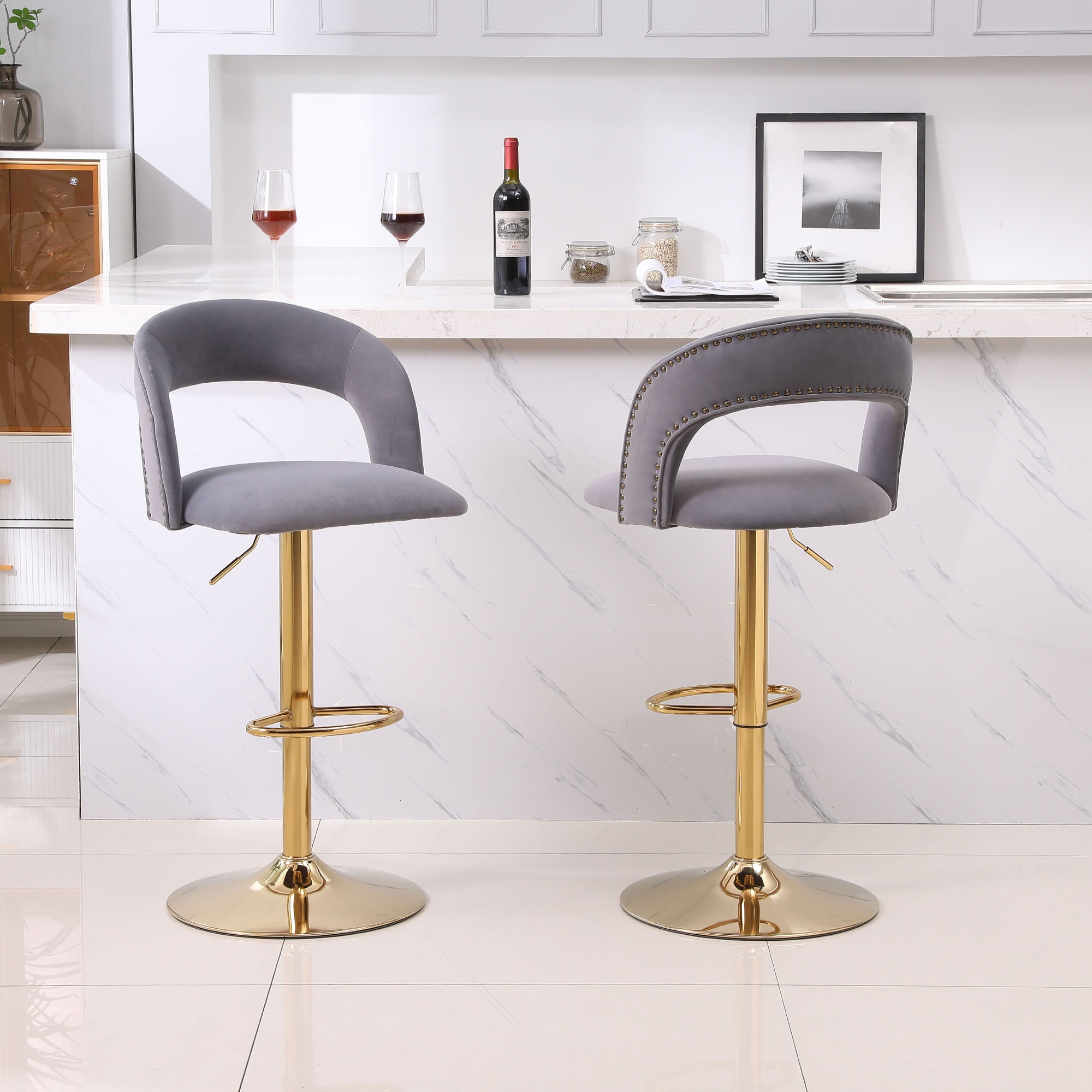YYAo Swivel Bar Stools Chair Set of 2, Modern Adjustable Counter Height Bar Stools, Velvet Upholstered Stool with Back& Footrest for Kitchen, Grey YYAo Swivel Bar Stools Chair Set of 2, Modern Adjustable Counter Height Bar Stools, Velvet Upholstered Stool with Back& Footrest for Kitchen, Grey