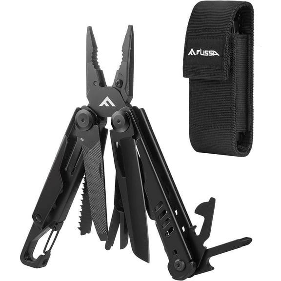 FLISSA 15-in-1 Portable Multitool with Pliers, Pocket Knife, Safety Locking System, Belt Clip and Sheath, for Camping, Survival, Outdoors