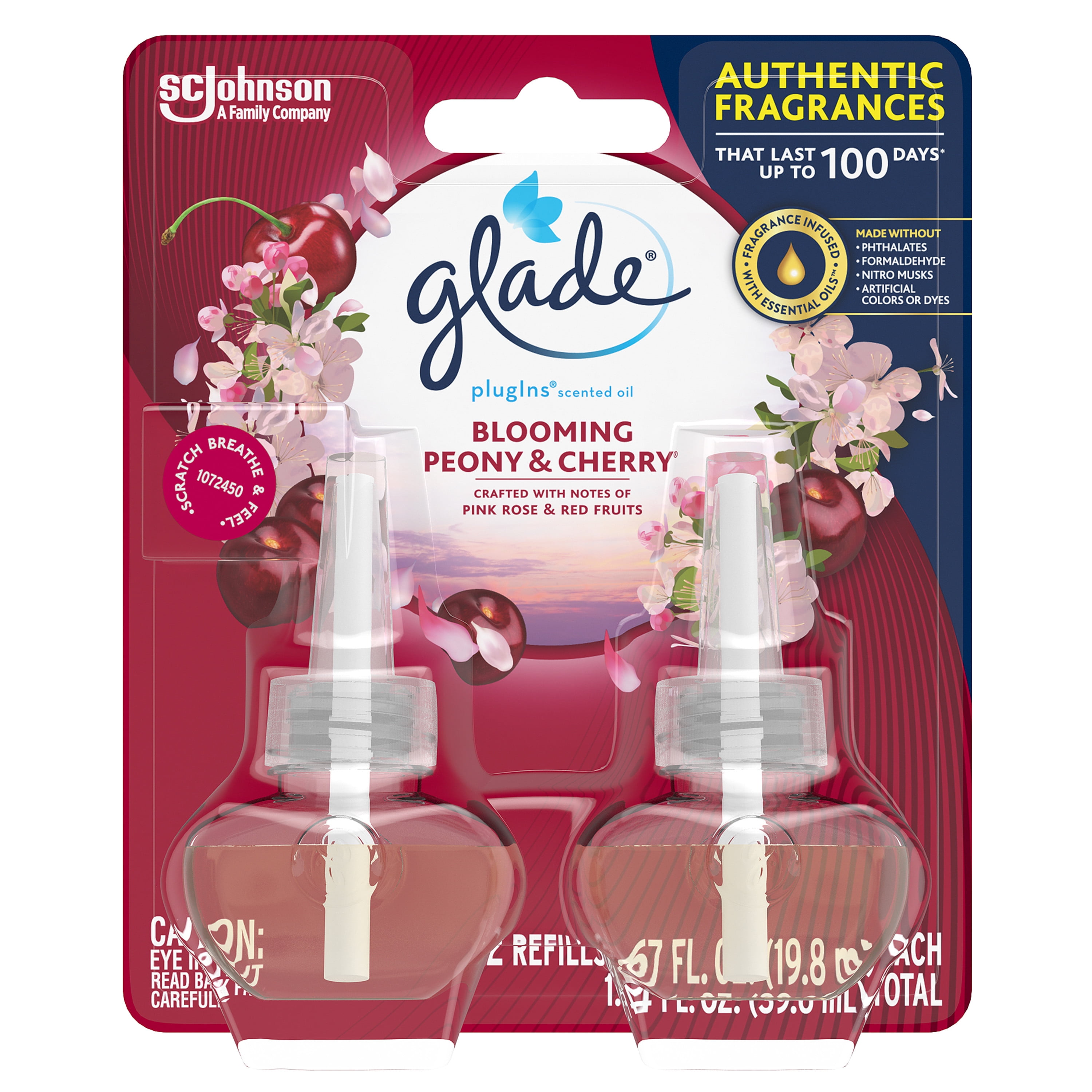 Glade PlugIns Scented Oil 2 Refills, Air Freshener, Blooming Peony & Cherry, 2 x 1.34 oz