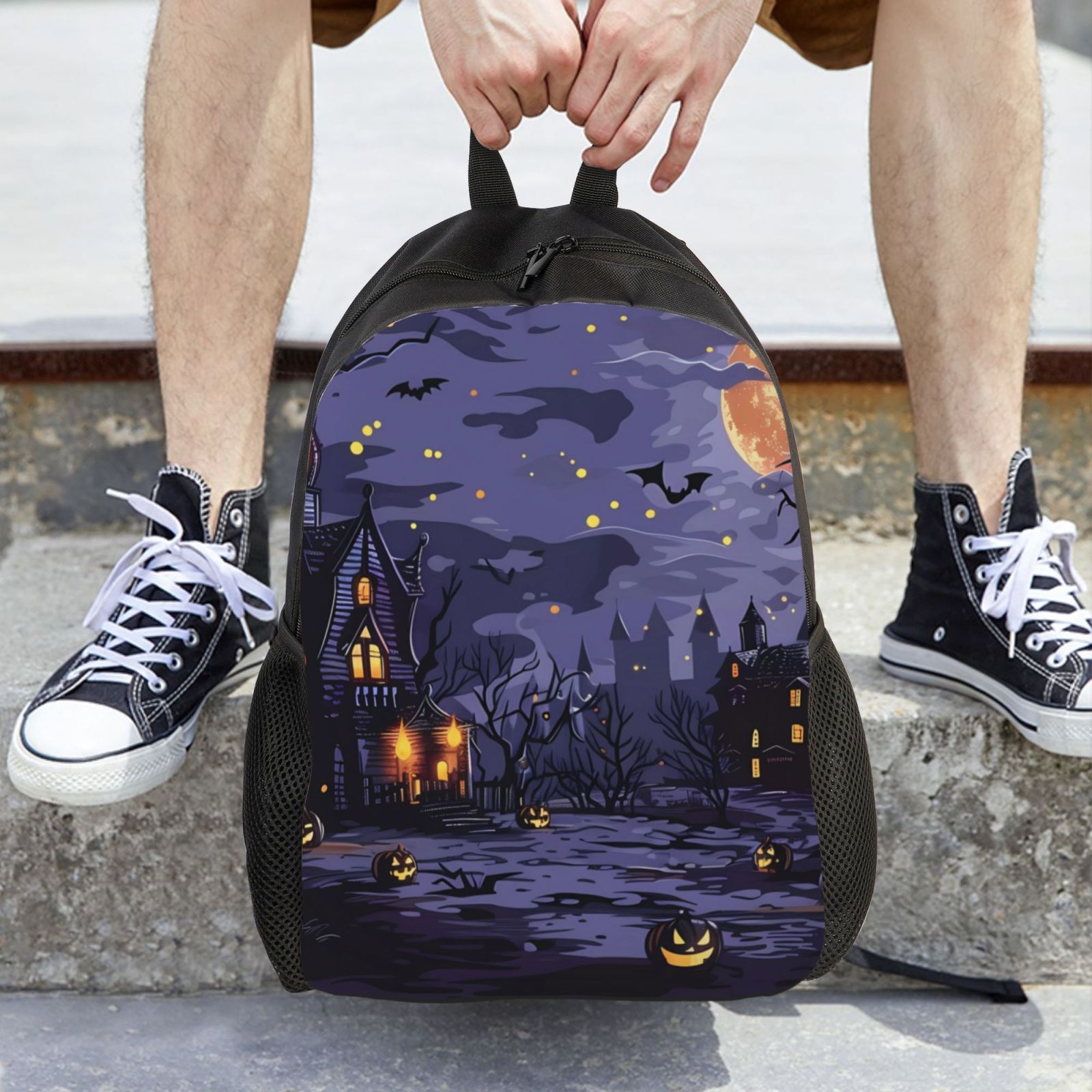 Xecao Mystery House Halloween Night Print School Backpack with Laptop Compartment Small Travel Laptop Backpack for Women Men Waterproof College Backpack Simple School Bag