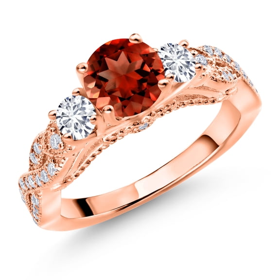 Gem Stone King 18K Rose Gold Plated Silver Red Garnet White Lab Grown Diamond and White Moissanite Engagement Ring for Women (1.47 Cttw, Gemstone January Birthstone, Round 6MM and 3MM, Size 5)