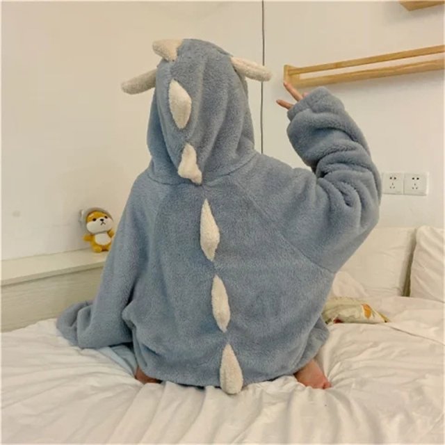 Pijama de dinosaurio, bata de baño para mujer, otoño e invierno, lindo dibujo animado, forro polar coral, camisón largo grueso, franela, ropa de casa para mujer