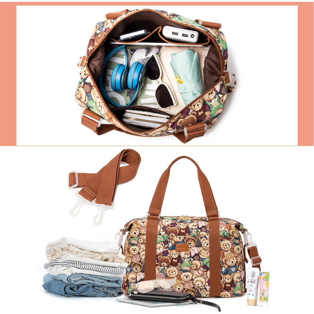 Cute Bear Print Women Duffel Bag for Travel High Capacity Jacquard Canvas Water Resistant Travel Sport Hand Bag Weekender Overnight Bag for Gym Sport