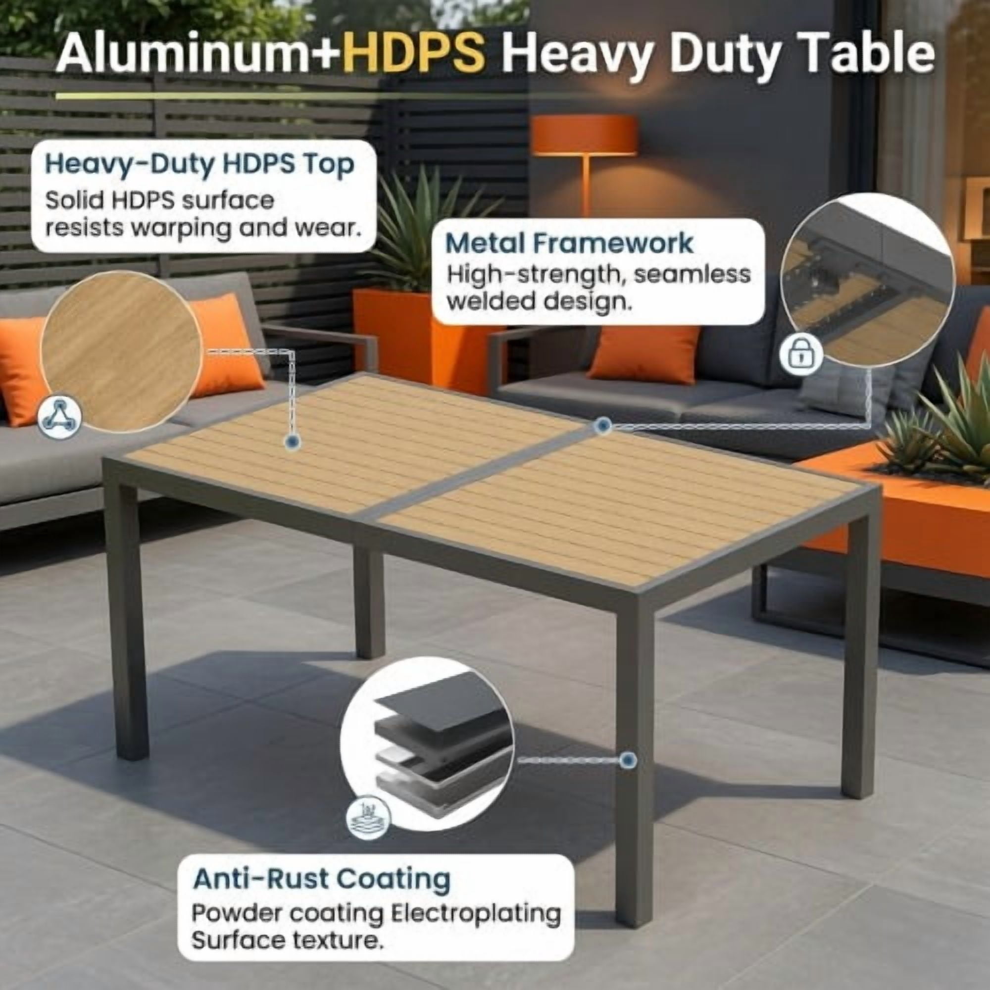 59" Grey Aluminum Heavy-Duty Rectangular Outdoor Patio Dining Table with All-Weather HDPS Slatted Top & Rust-Resistant Frame