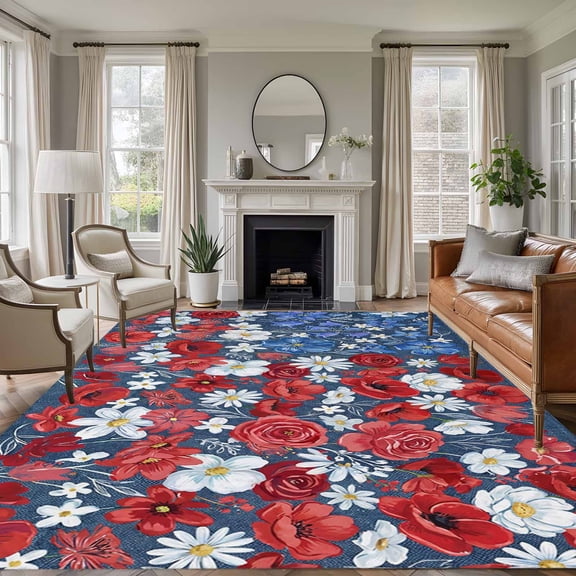 4th of July Floral Area Rugs 6'x9', Washable Small Throw Rugs for Kitchen Dining room, Blue Red Poppy Patriotic Rustic Indoor Outdoor Rug Non-Slip Low Pile Carpet Runner Reversible Floor Mats