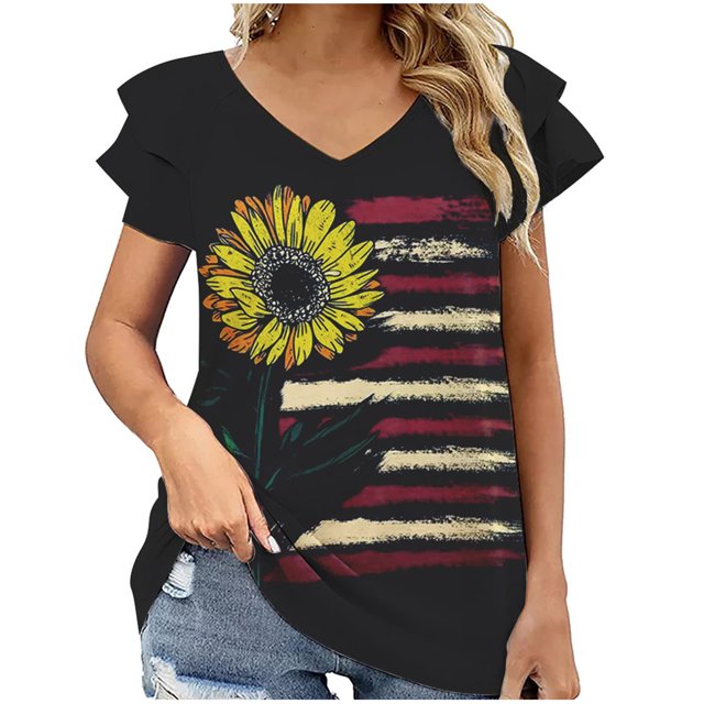 Camiseta de mujer Camisetas con cuello en V Volantes Camiseta de manga corta con estampado Tops Blusa Regalo para mujer Fridja hjk6577