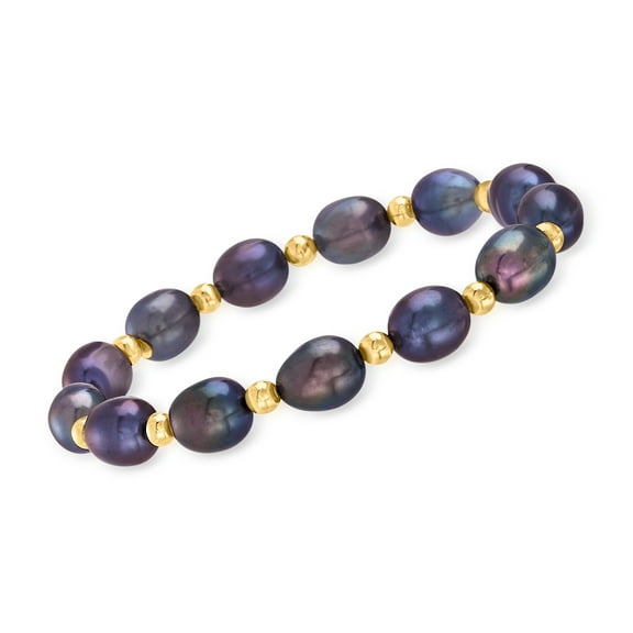 Ross-Simons 8-9mm Black Cultured Pearl and 14kt Yellow Gold Bead Stretch Bracelet, Women's, Adult