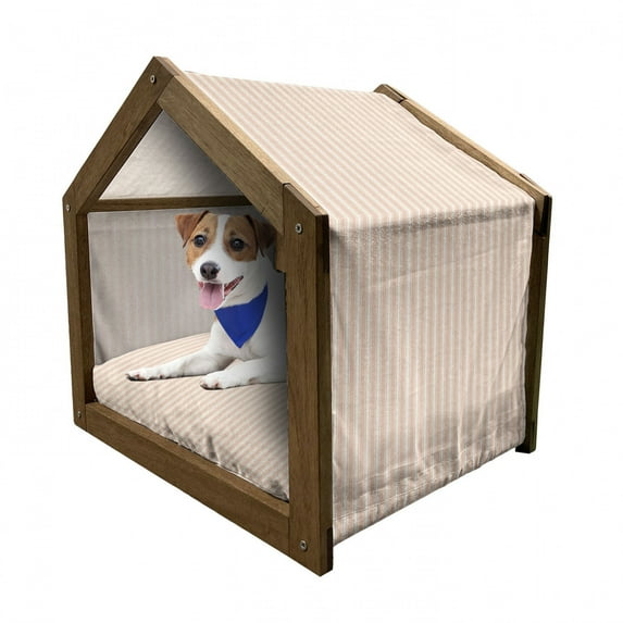 Pink Pet House, Country Life Theme Vintage Old House Romantic with Bold Stripes Art, Outdoor & Indoor Portable Dog Kennel with Pillow and Cover, 5 Sizes, Pale Salmon and White, by Ambesonne
