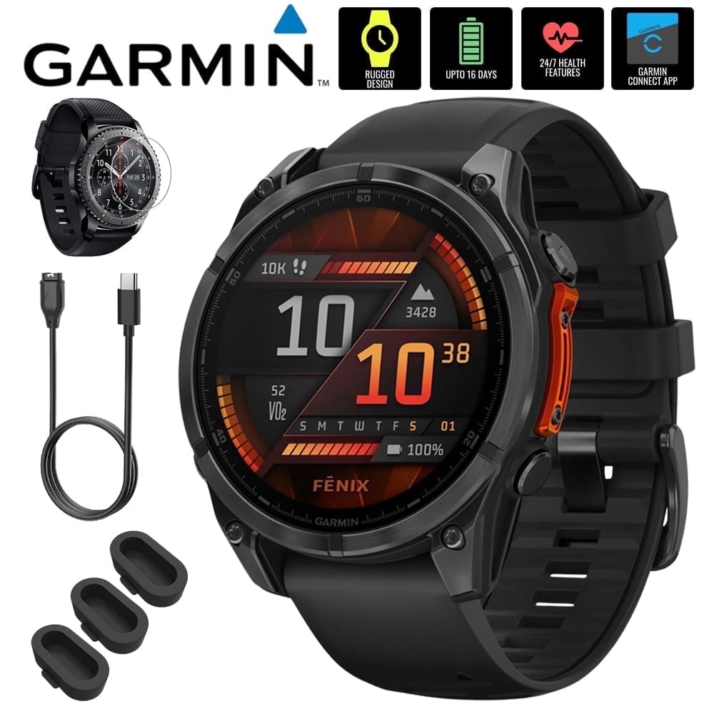 Garmin 010-02904-00 Fenix 8 47mm GPS Smartwatch, AMOLED, Slate Gray with Black Silicone Band Bundle with Screen Protector, 3x Silicone Dust Cover and USB Type C Charging and Sync Cable
