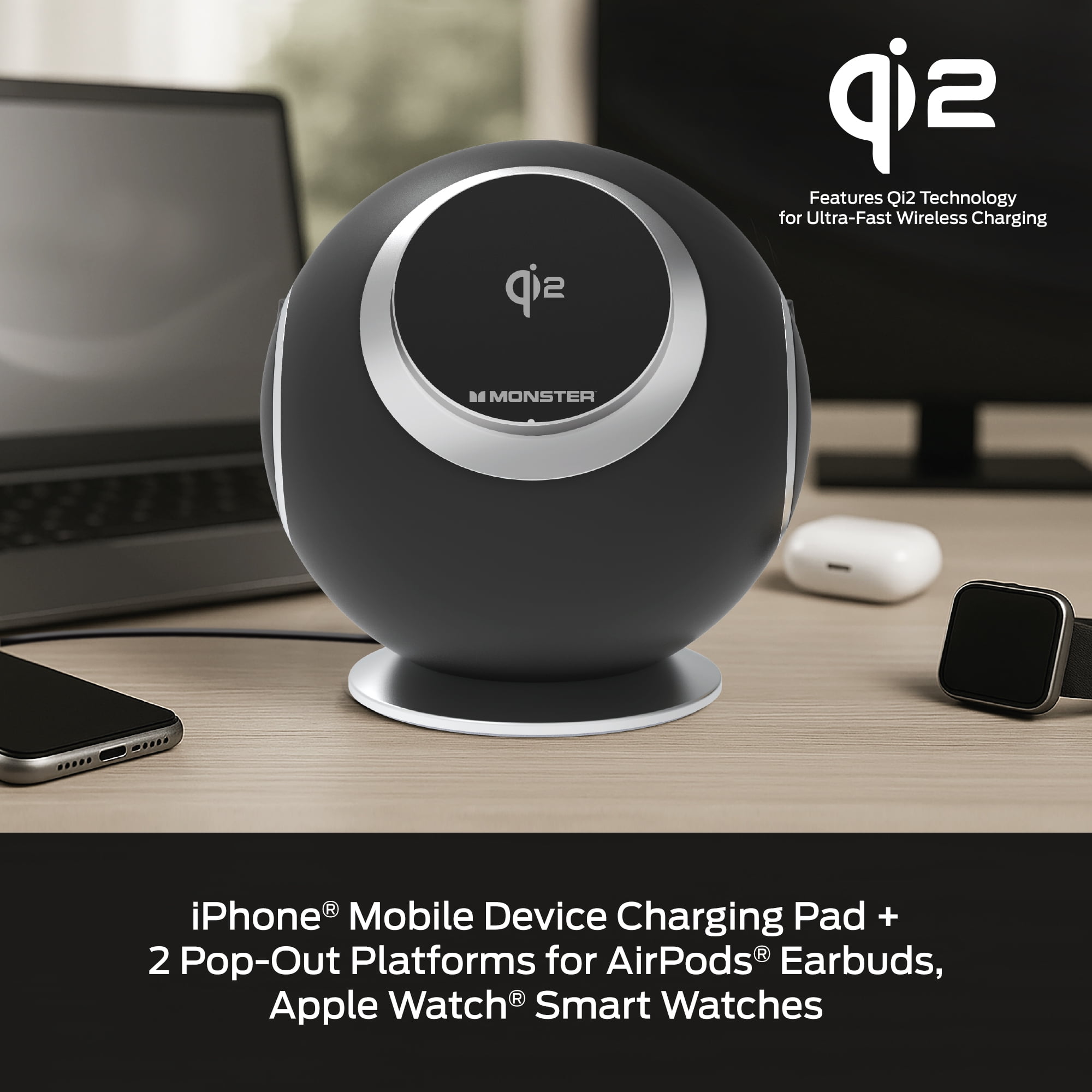 Monster 10-in-1 Charging Sphere Desktop Charging Station with Qi2 Magnetic Wireless Charging, 3 AC Outlets, 2 USB-C, 2 USB-A, Apple Watch & AirPods Charging Pads, 100W Total Output
