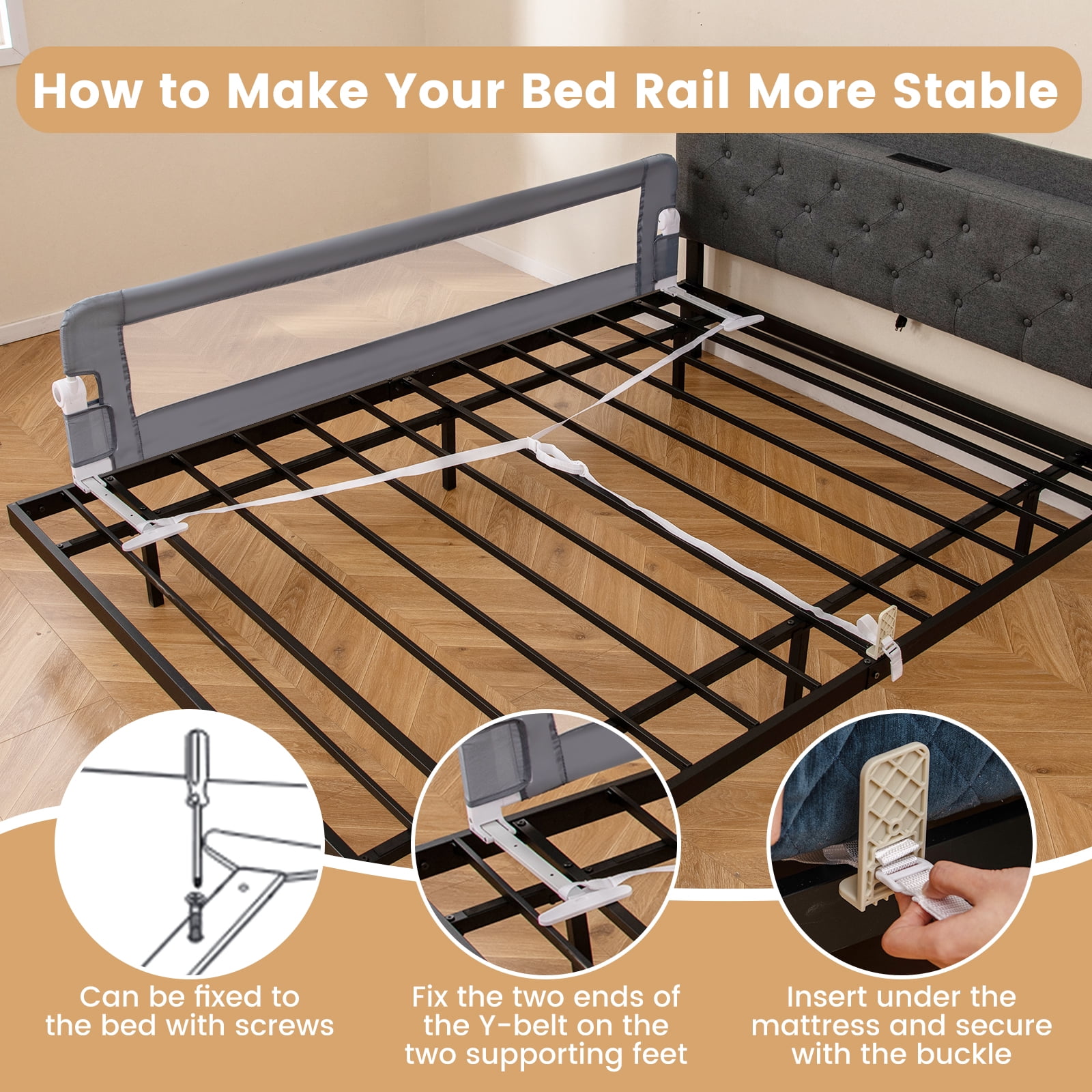 Gymax 71'' Toddler Foldable Bed Rail w/ Adjustable Safety Strap Bedrail Guard Gray