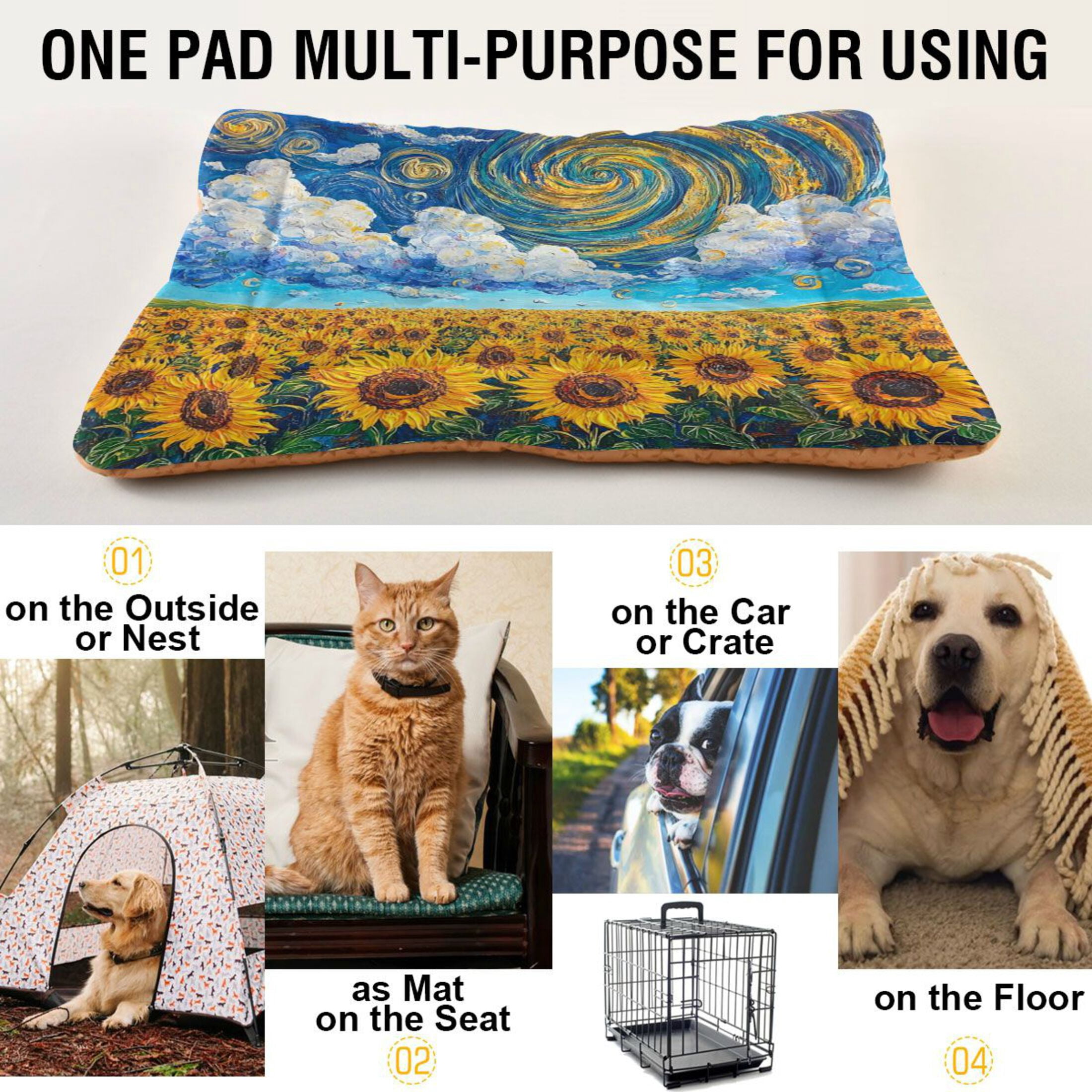 Qxltty Sunflower with Swirling Clouds Ped Pad Wear-resistant and Hard to Bite Through Sleeping Pad for Small Medium Large Dogs Winter Pet Bed 36×24in