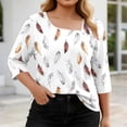 thumbnail image 5 of Plus Size Tops for Women Asymmetrical Square Neck with Button Detail Short Sleeve T-shirts Dressy Casual (XL, White-Feathers), 5 of 7