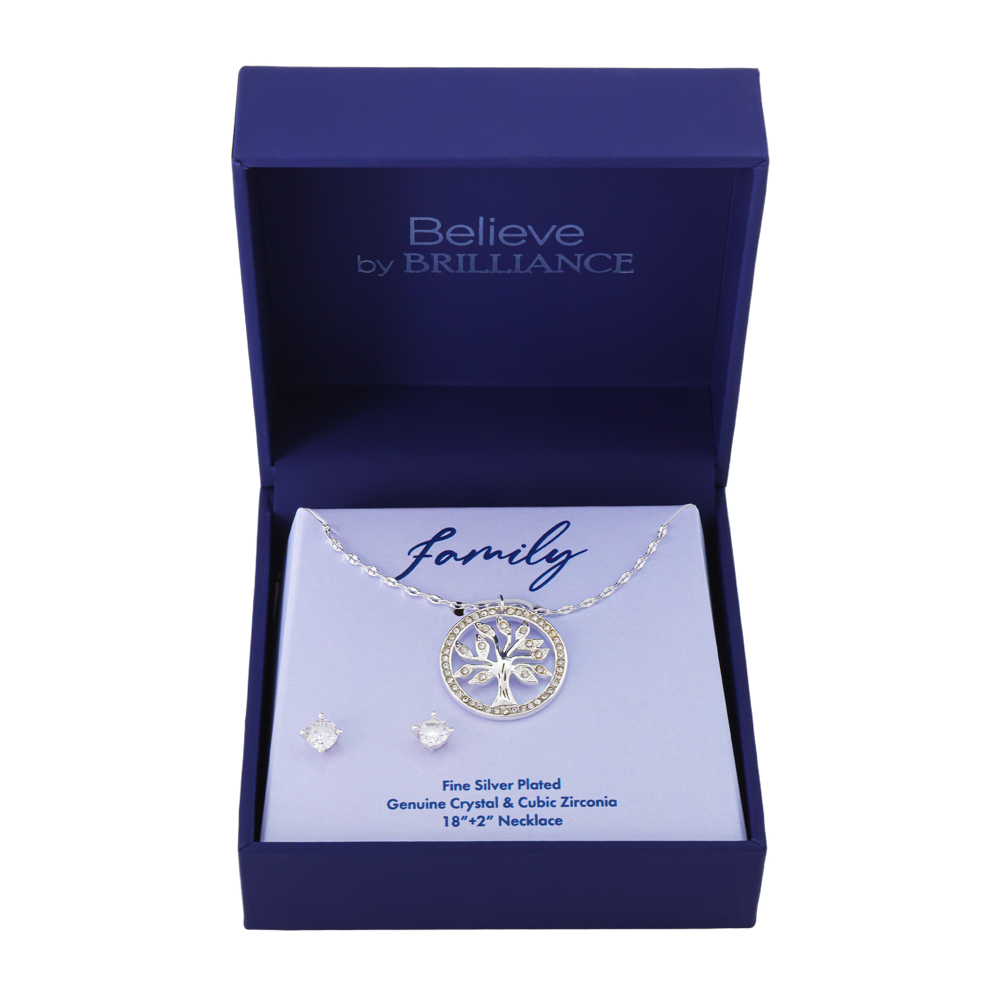 Believe by Brilliance Women's Silver Plated Cubic Zirconia Family Tree Necklace and Stud Earring Set, 18+2"