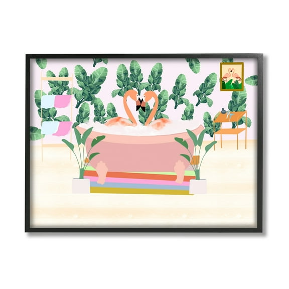 Stupell Industries Tropical Pink Flamingo Pair Bubble Bath Tropical Bathroom, 14 x 11,Design by Ashley Singleton