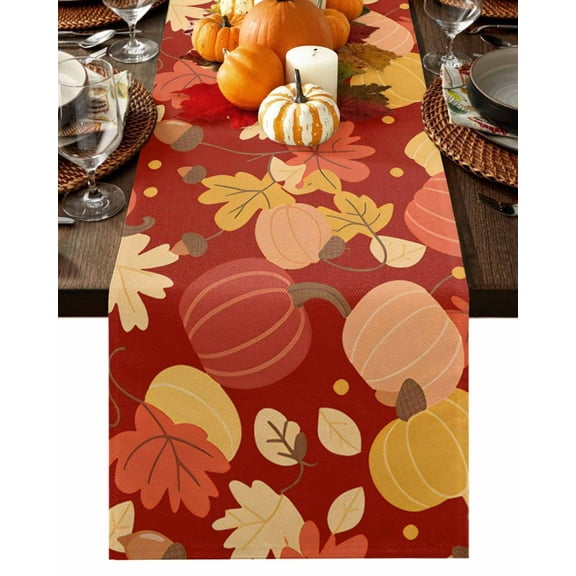 Fall Table Runner Thanksgiving Red Orange Pumpkin Maple Leaf Table Runners Autumn Pine Cones Cotton Linen Dresser Scarf Kitchen Dining Table Decor for Fall Holiday Party Decor 13x72 Inch
