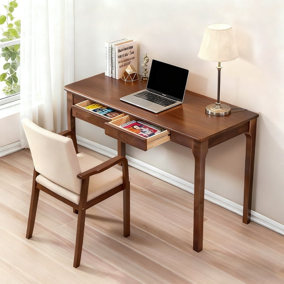 Leumius Solid Wood Desk with Drawers, Standing Desk with Smooth Edges, Home Office Desk for Small Spaces, Mid Century Modern Desk for Study Bedroom Living Room Office Walnut
