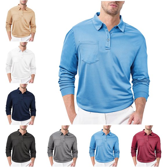 Zivyakyron Golf Polos for Men Long Sleeve Sports Performance Button Solid Collared Shirts Fall Loose Black 3XL