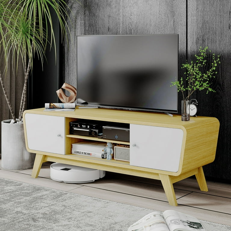 Gymax Mid Century TV Stand for TVs up to 55 Media Console Table Sliding Door Natural