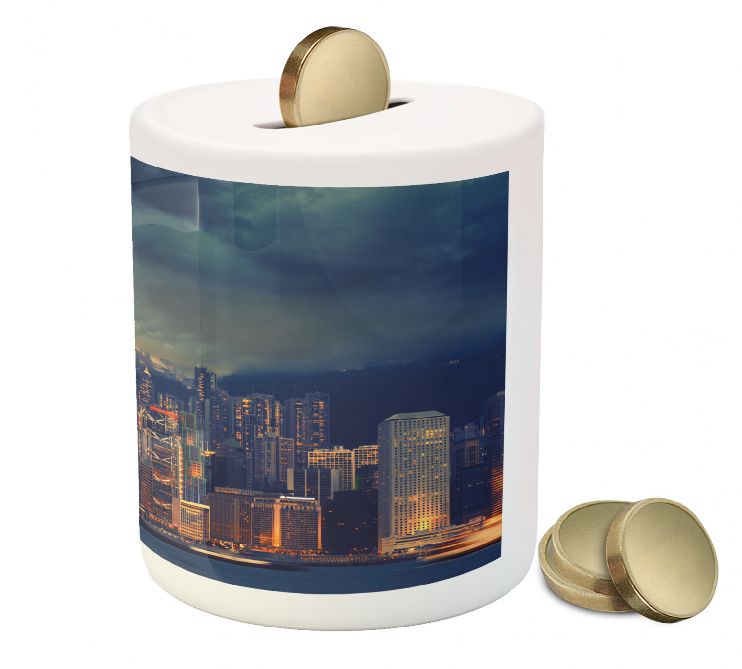 Cityscape Piggy Bank, Hong Kong Cityscape Stormy Weather Dark Cloudy Sky Waterfront Port Dramatic View, Ceramic Coin Bank Money Box for Cash Saving, 3.6" X 3.2", Multicolor, by Ambesonne - image 3 of 4