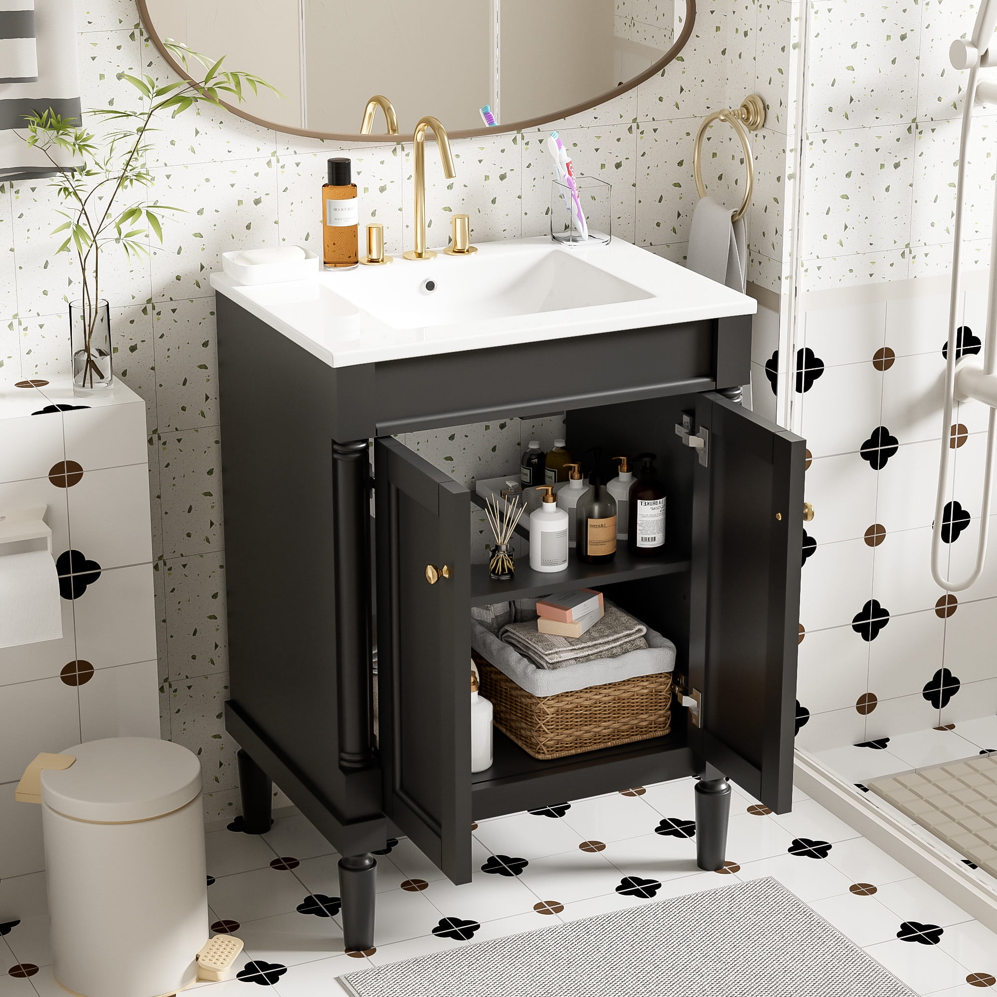 Harper & Bright Designs 24" Small Bathroom Vanity with Sink, Bathroom Storage Cabinet with 2-Tier Shelves, Black