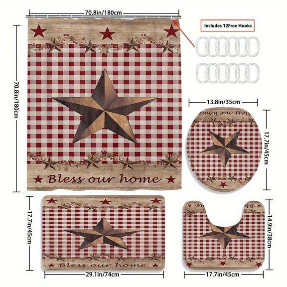 Red Star Grid Shower Curtain Gift Modern Home Bathroom Decoration Curtain and Toilet Mat 3-Piece Set with 12 Shower Curtain Hooks