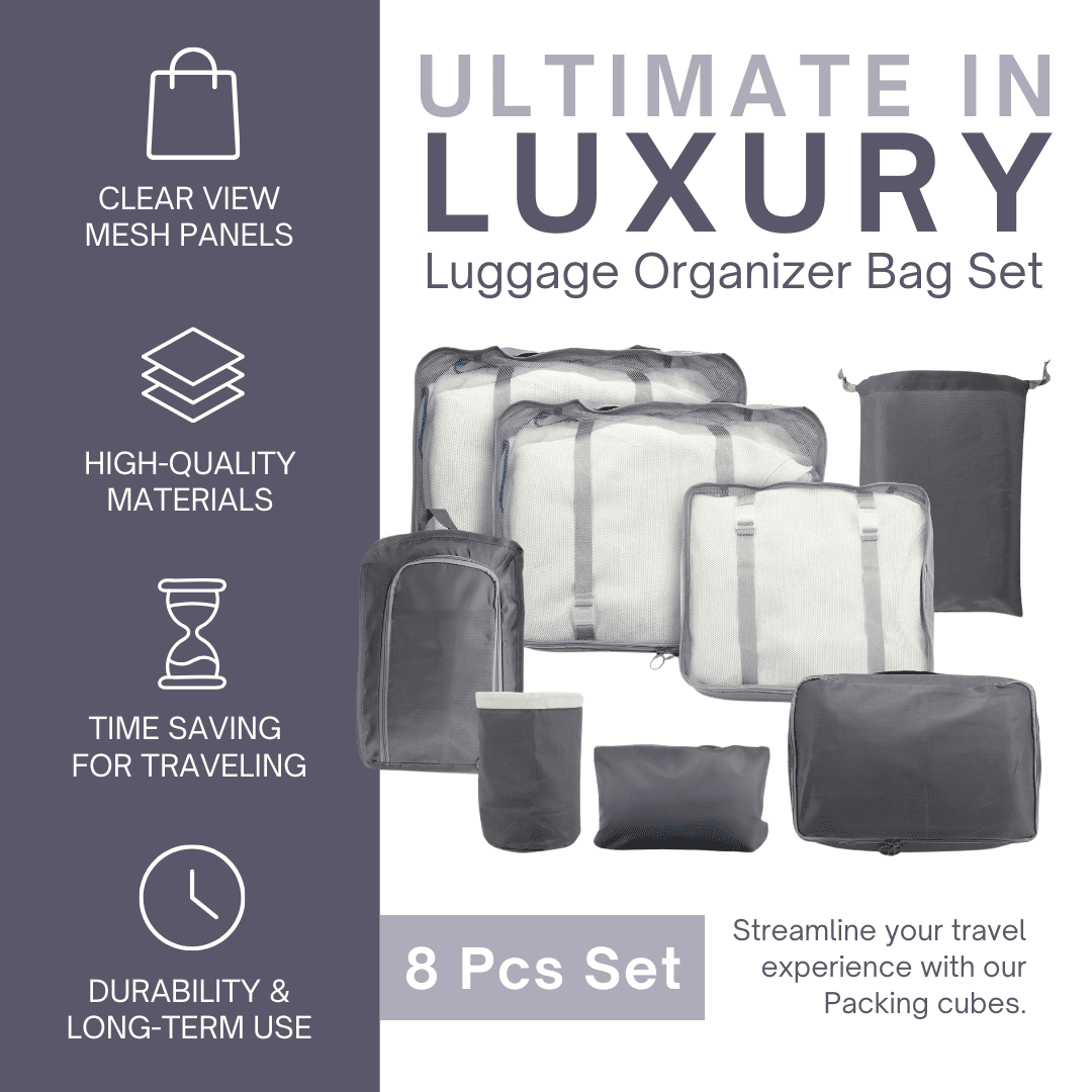 Luggage Organizer Bag Set with 8 Set Packing Cubes for Travel (8 Pieces) – High-Quality Compression Bags for Travel - Space Saver Packing Cubes Compression