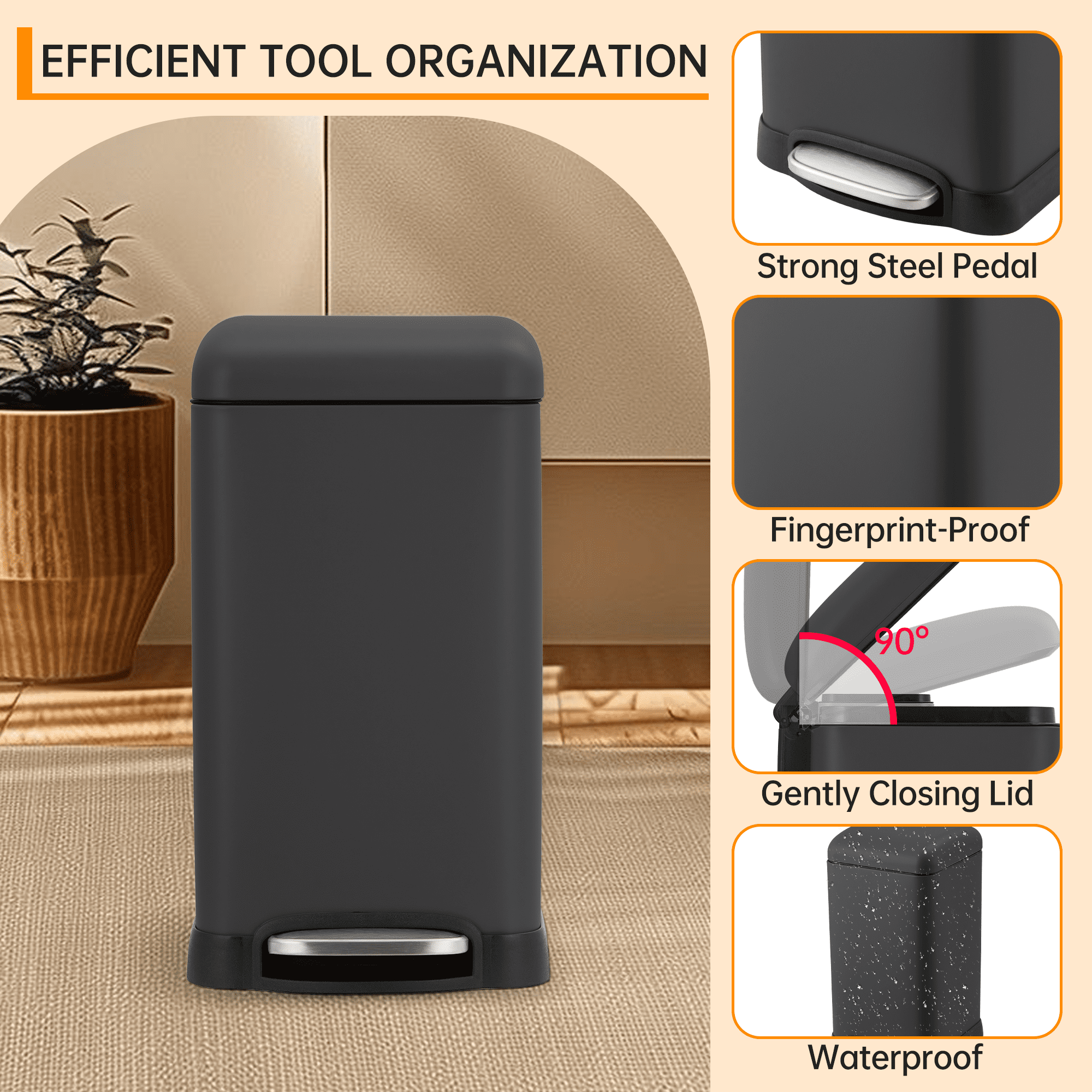4.2 Gal (12L) Trash Can with Lid, M7 Stainless Steel Garbage Bin, 11.8"L x 9.4"W x 17.3"H, Anti-Fingerprint Design for Kitchen & Bathroom, Black