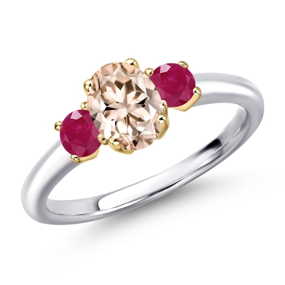 Gem Stone King 10K Two Tone Gold Peach Morganite and Red Ruby Engagement Ring for Women | 1.15 Cttw | Oval 7X5MM | Gemstone October Birthstone | Size 9