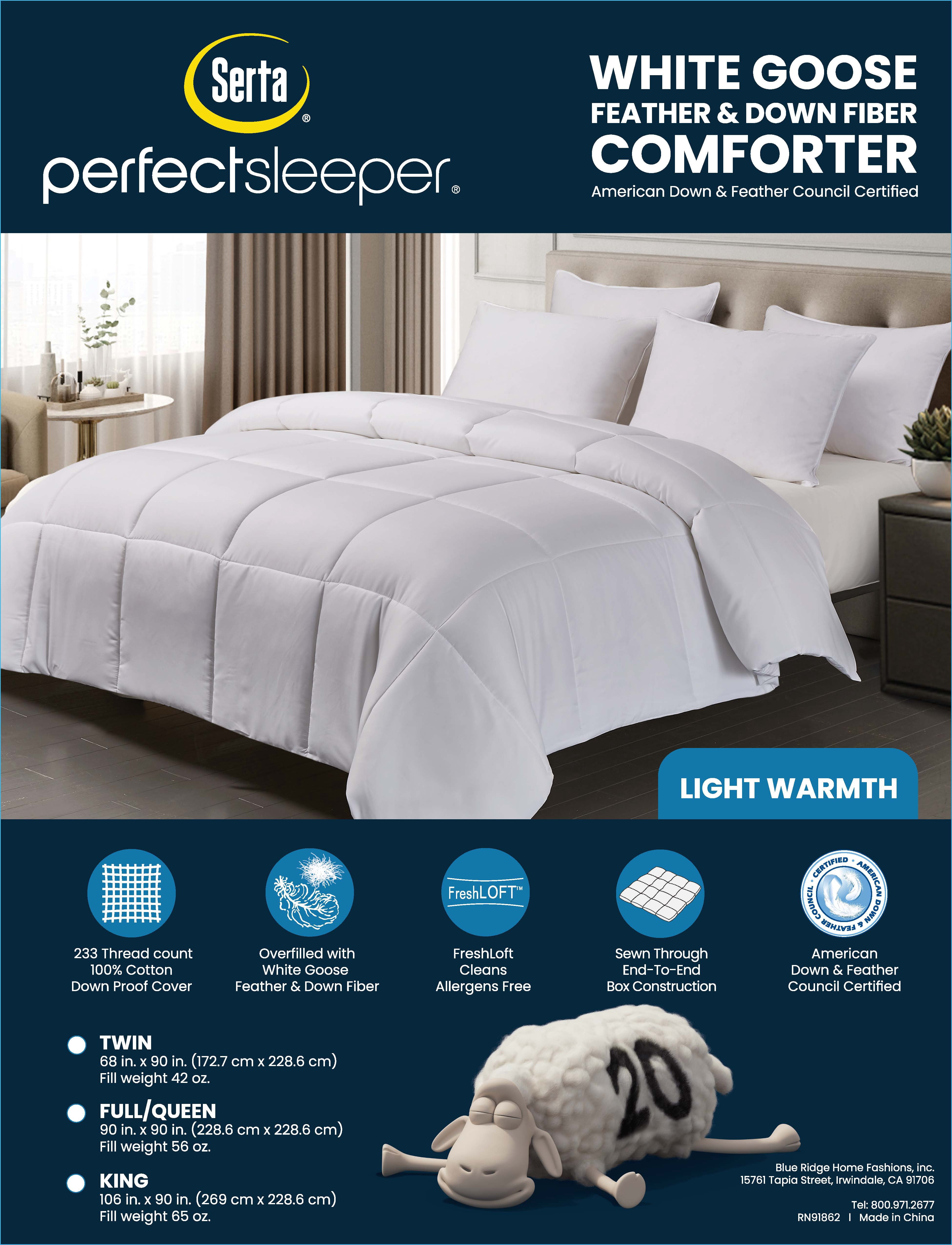Serta 100% Cotton Summer Lightweight Warmth，90% Goose Down Fiber Comforter, Fluffy Duvet Insert with Corner loops, 233 Thread Count, Hotel Luxury Ultra Soft, 68x90 inches Twin Size
