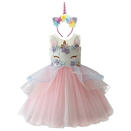 Girls Unicorn Tutu Dress Horn Headband Princess Fancy Dress up Costume 2Pcs Set Pageant Birthday Party Outfit Gifts for Kids Christmas Halloween Photo Shoot Cosplay Pink 10-11 Years