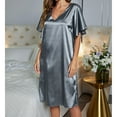 thumbnail image 2 of Women Nightshirt Short Sleeve Sleepwear V Neck Nightgown Pure Colour Pajama Dress Blue L, 2 of 8