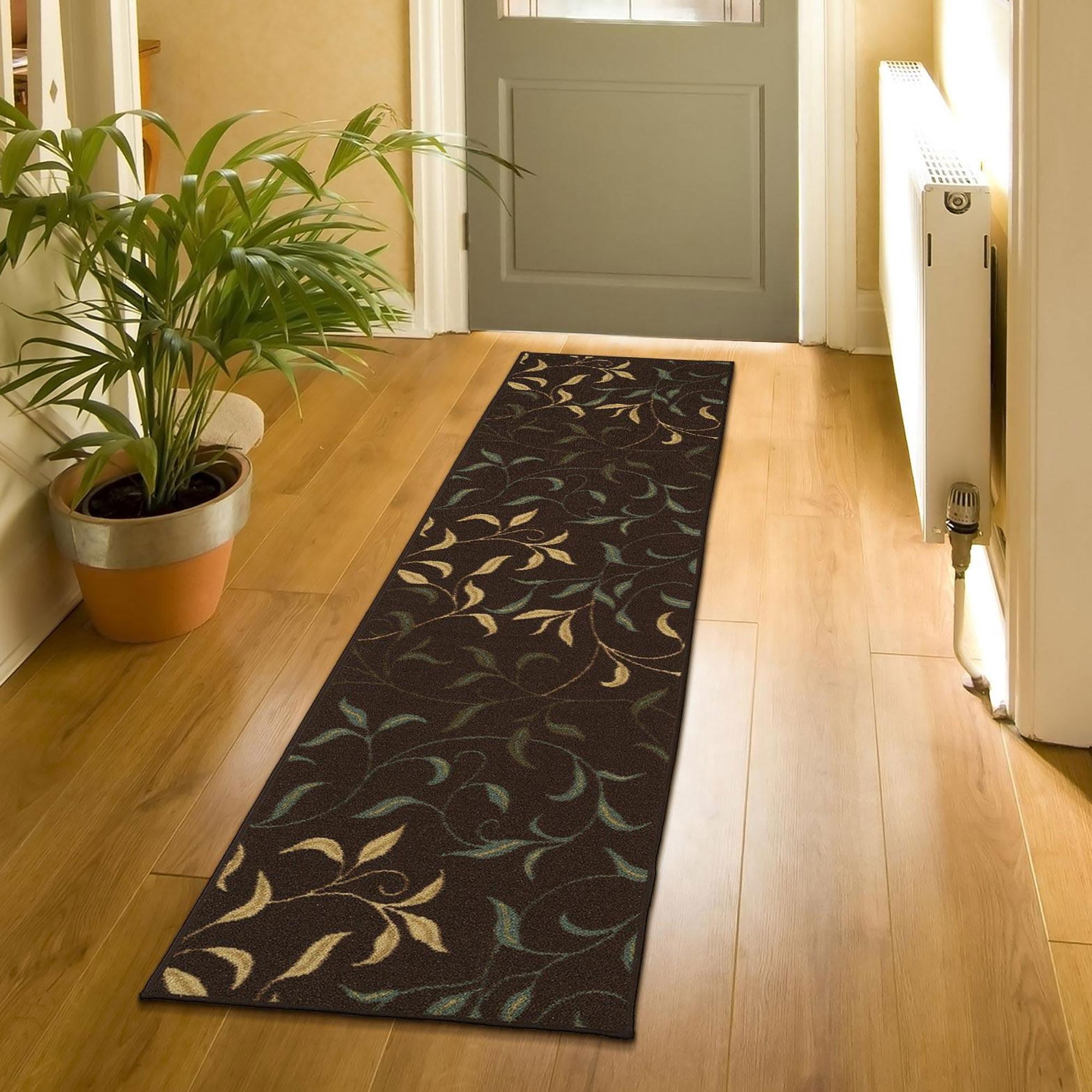 Ottomanson Leaf Kitchen Runner Rug 1'10" x 7' - Non Slip Low Pile Carpet, Brown