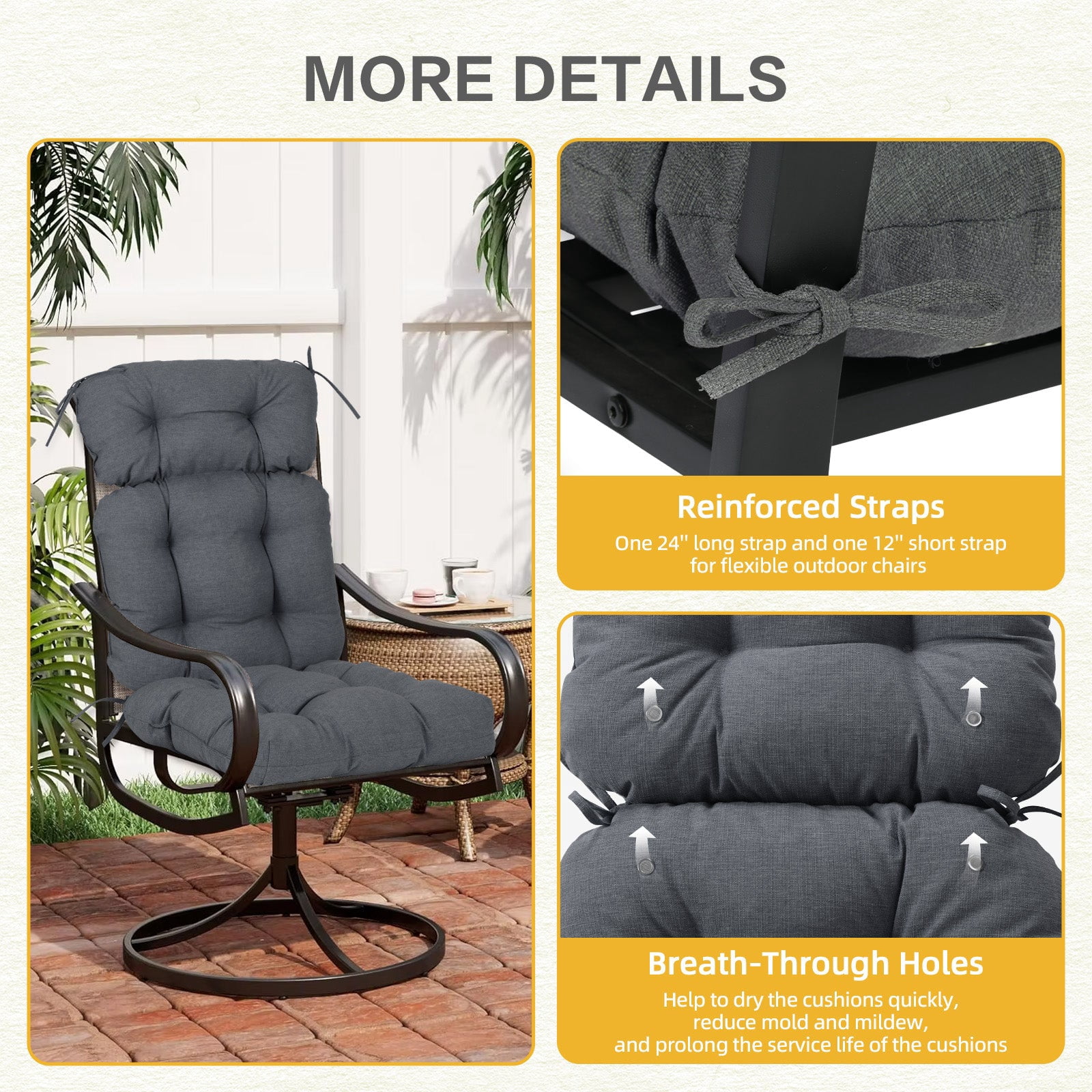 BPS Outdoor Chair Cushions, 45x22x5 Inch High Back Patio Dining Seat Cushion, Tufted Pads Set of 2, Dark Gray