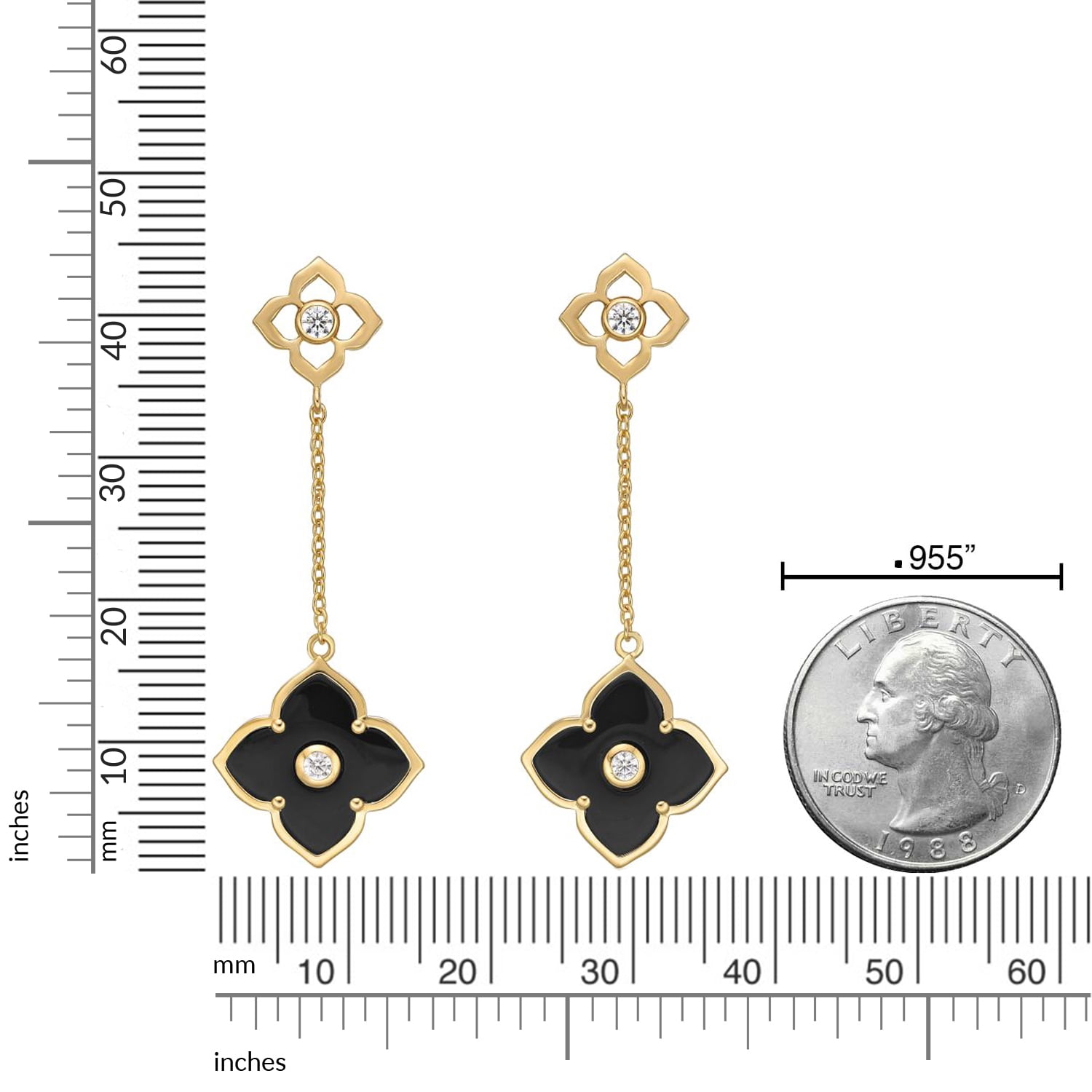 Black Onyx Flower Dangle Drop Earrings for Women in 925 Sterling Silver with Yellow Gold Plating Friction Back by Lavari Jewelers