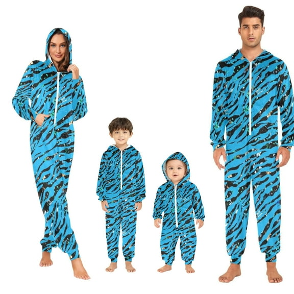 Family Christmas Pajamas Matching Sets Blue Tiger Pajamas Adult Onesie Pajamas for Women Men, Blue Tiger Pajamas for Family Hooded Sleepwear Jumpsuit