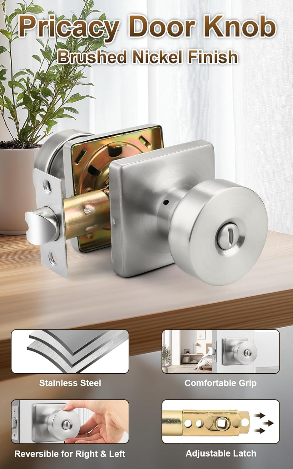 Bedroom Door Knobs Interior, Privacy Keyless Door Handles for Bedroom or Bathroom, 1 Pack Square Panel Door Knob in Satin Nickel Finish