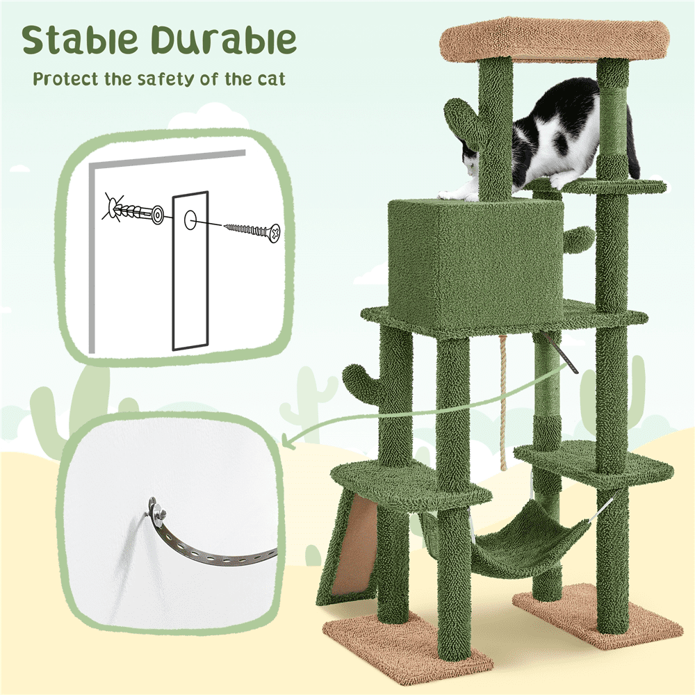 Alden Design 63″ H Multi-Level Cactus Cat Tree with Natural Sisal & Hanging Ball, Green/Brown
