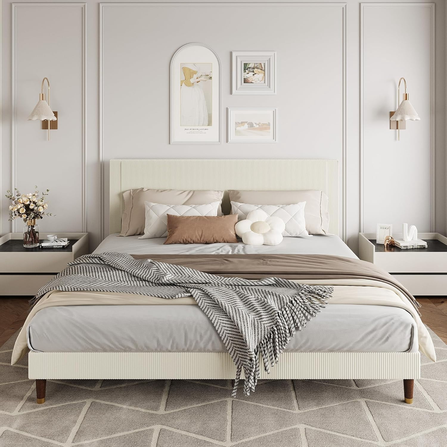 King Bed Frame with Headboard, Corduroy Upholstered Platform Bed with Wooden Slats Support - No Box Spring Needed & Noise Free, Easy Assembly, for Bedroom Apartment, Beige