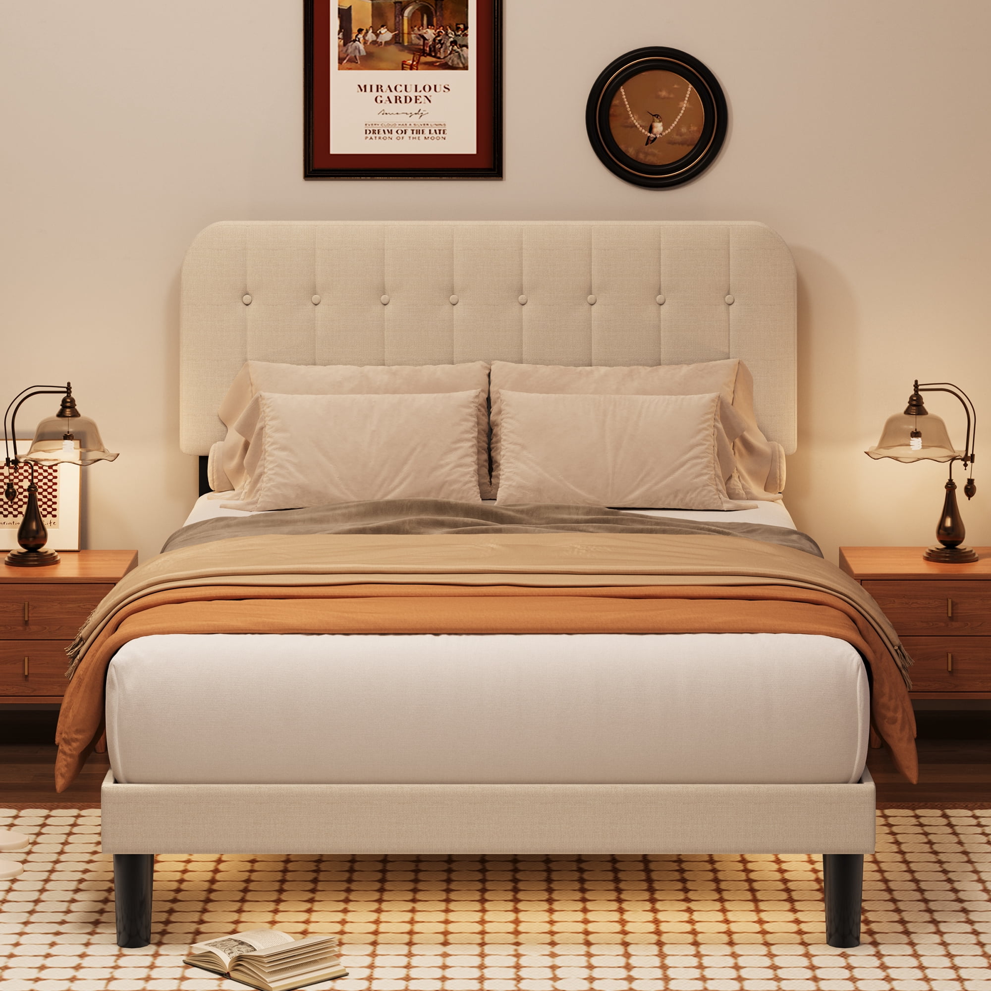 Queen Upholstered Platform Bed Frame with Headboard - Modern Bedroom Furniture with Sturdy Wooden Slats, Quiet & Noise Free, No Box Spring Needed, Beige