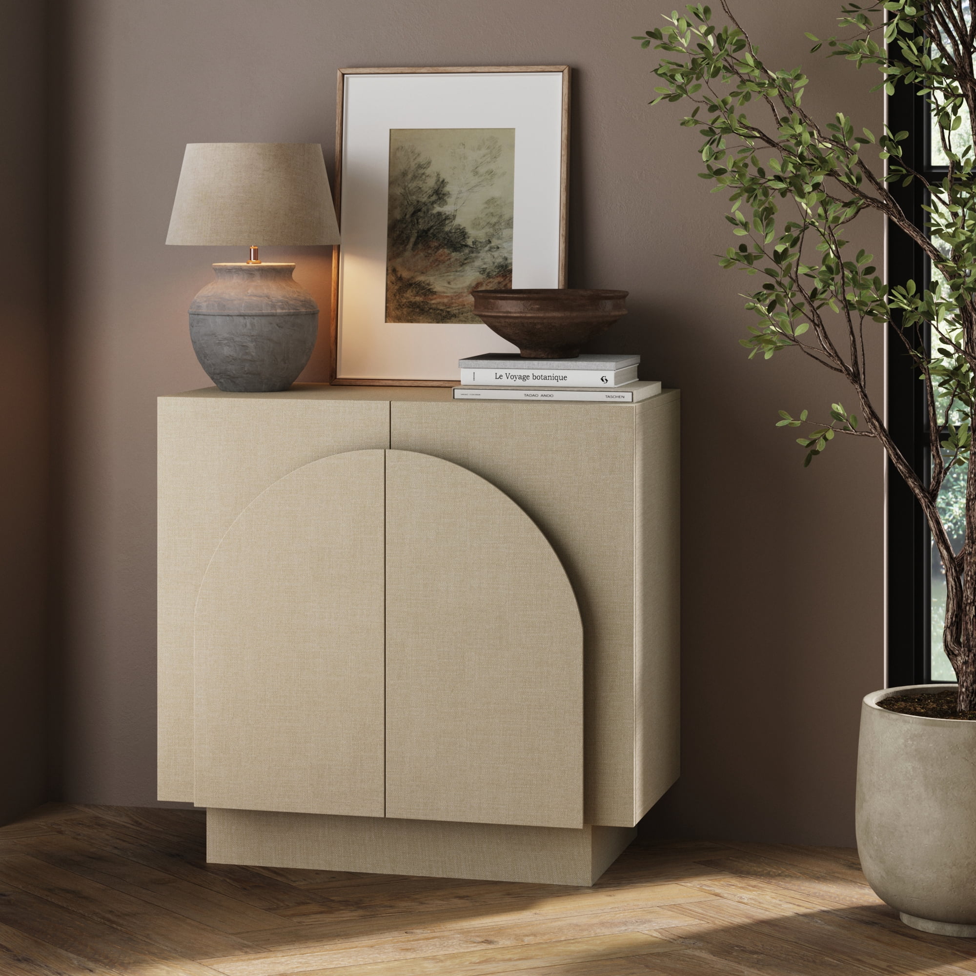 Nathan James Iris Mid Century Modern Arched Curio Cabinet with Beige Linen Finish, Wooden Storage Cabinet with Doors