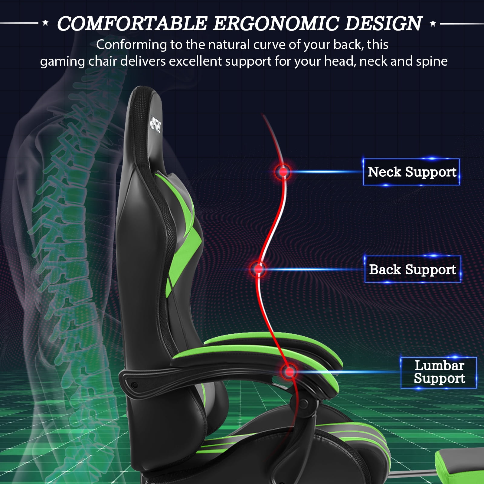 Hoffree Gaming Chair with Massage PU Leather Office Chair with Footrest and LED Light Ergonomic Gamer Chair Lumbar Support Adjustable Headrest High Back Computer Desk Chair for Home Office