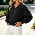thumbnail image 5 of Hurxie Womens V Neck Cropped Sweatshirt Casual Pullover Tops Cropped Length with Chest Pocket Drop Shoulder Casual Fall Style Black,L, 5 of 6