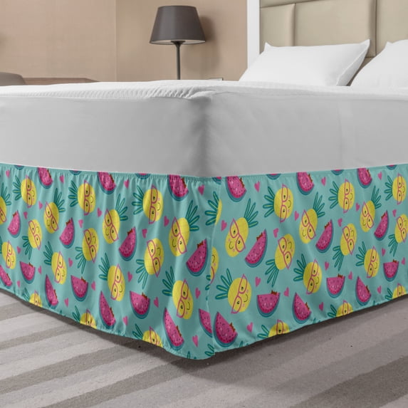 Summer Bed Skirt, Nerd Pineapple Faces Along Smart Girly Smiling Watermelons Exotic Friend, Elastic Bedskirt Dust Ruffle Wrap Around for Bedding Decor, 4 Sizes, Pink Mustard Turquoise, by Ambesonne