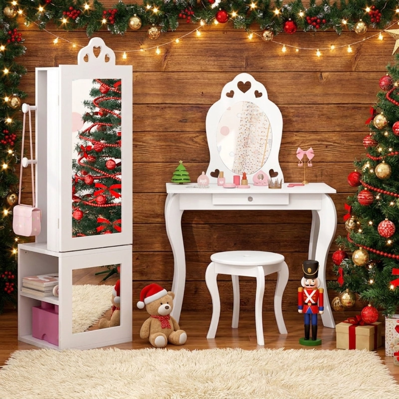 Furnibear Princess Vanity Table and Stool Set with Freestanding Jewelry Cabinet Armoire and Full-Length Mirror for the Bedroom, White
